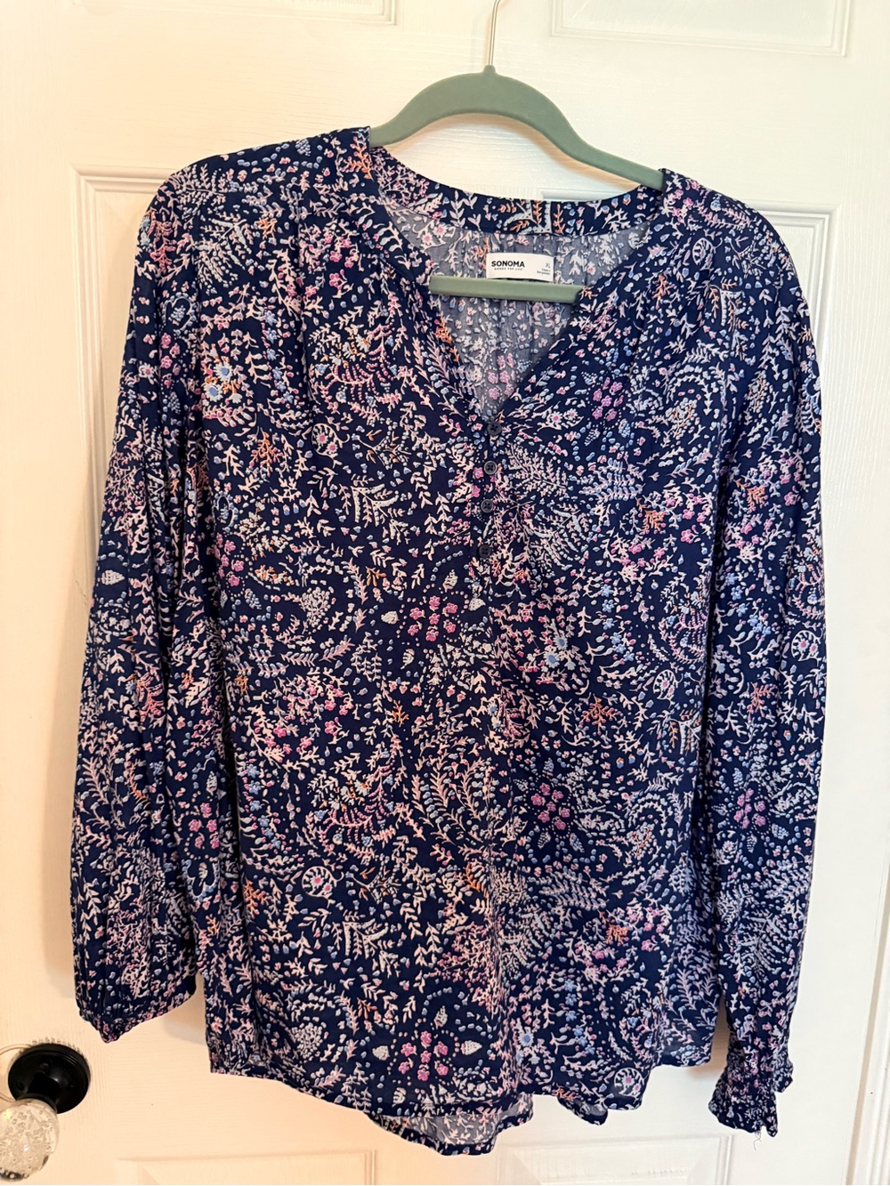 Sonoma Navy Floral V-Neck Long Sleeve Blouse